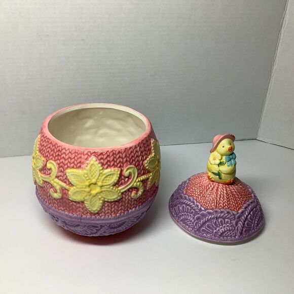 Egg Shaped Embossed Ceramic Jar with Chick on Top 10.5" x 6" - Picture 3 of 6